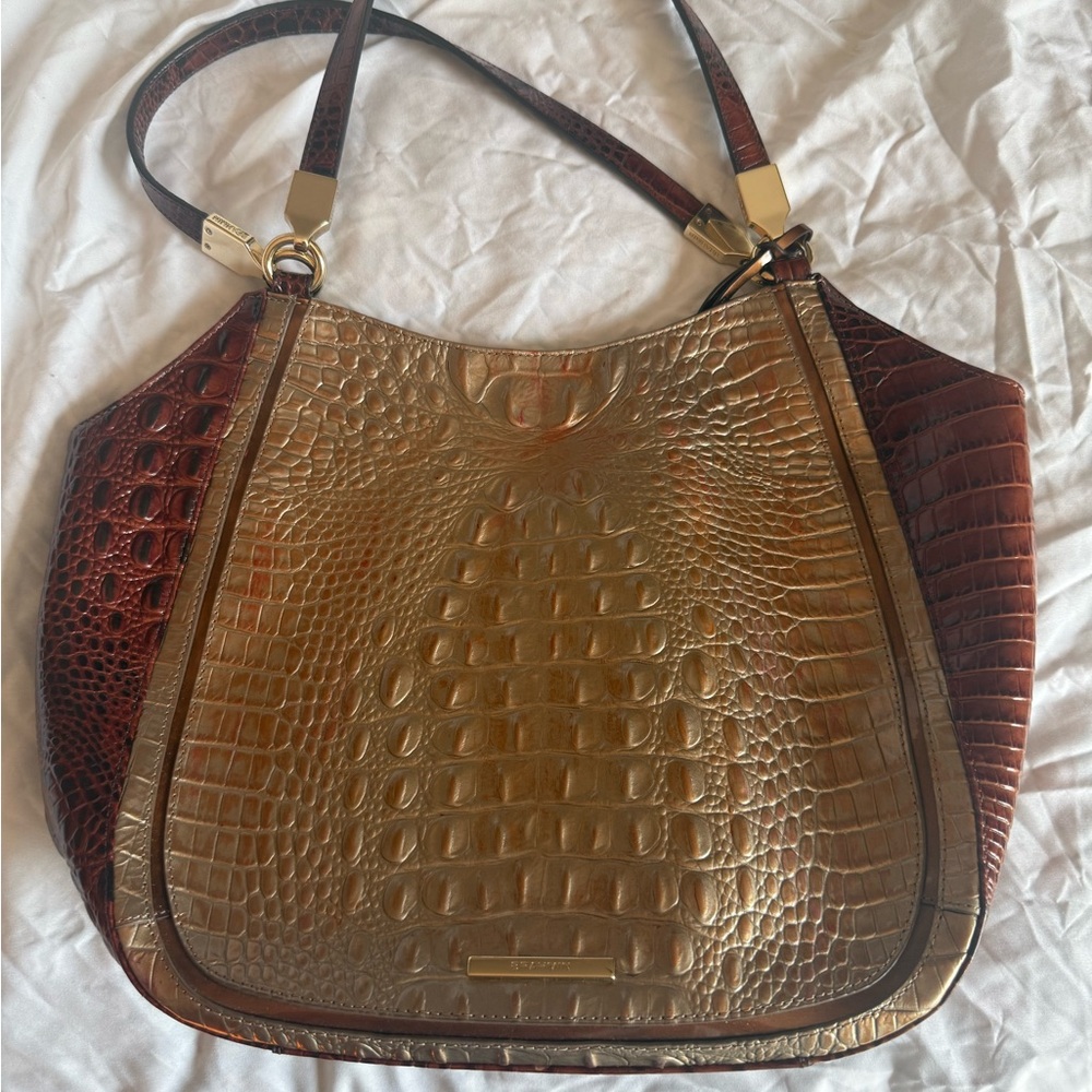 Brahmin Gold and Brown Crocodile-Embossed Shoulder Bag